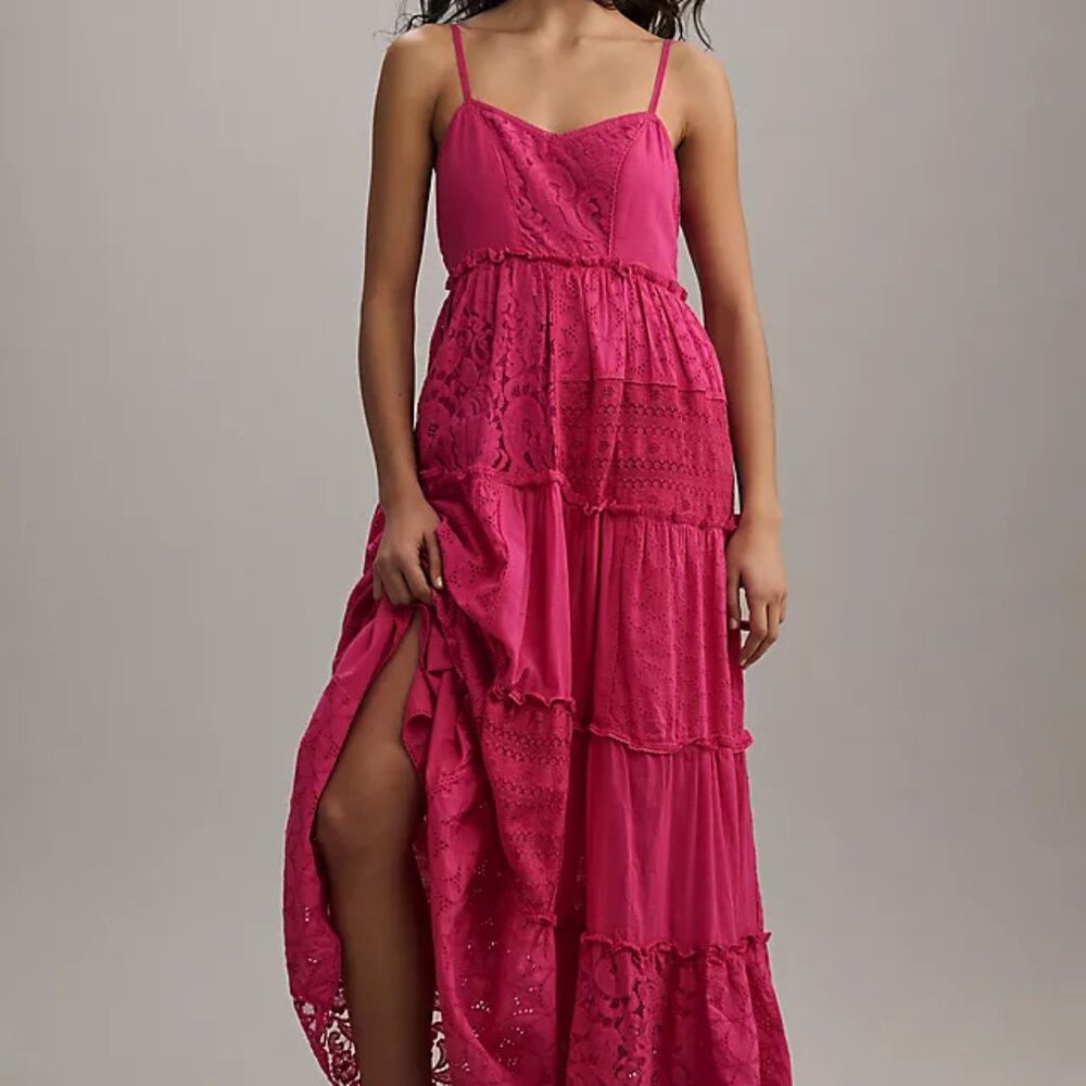 Anthropologie Bhanuni Jyoti Sleeveless Patchwork Lace Tiered Midi Dress XL Pink